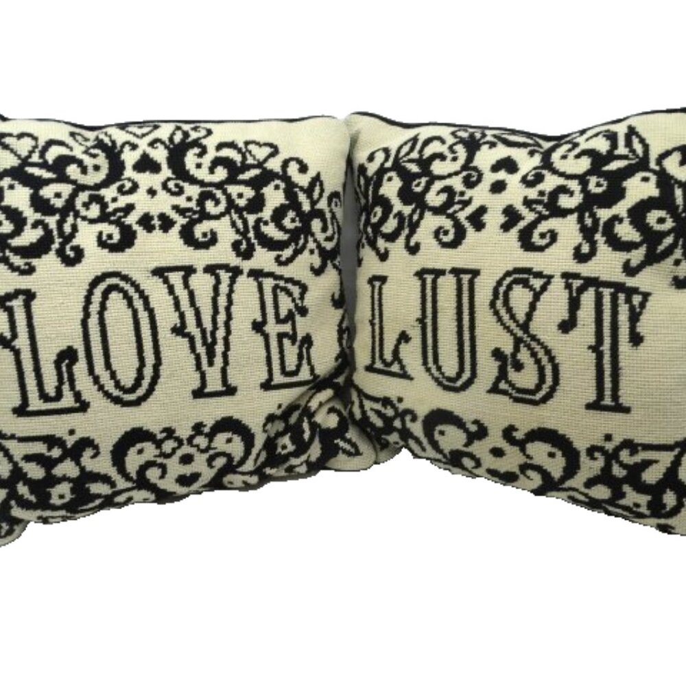 Pair of Jonathan Adler Needlepoint Black & White Pillows "LOVE" & "LUST" 15"x15"